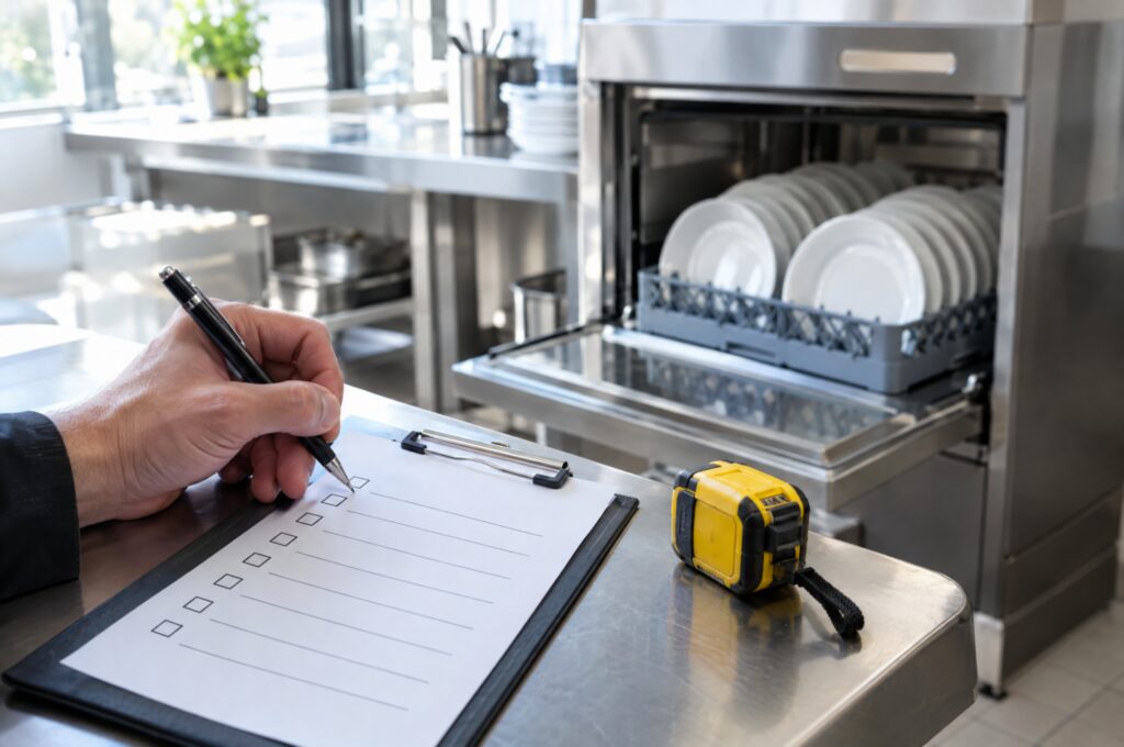 Checklist op een klembord met rolmaat naast een voorlader vaatwasser met schone borden