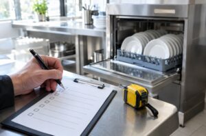 Checklist op een klembord met rolmaat naast een voorlader vaatwasser met schone borden