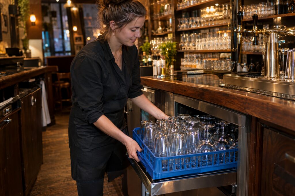 Barmedewerker haalt een glazenkorf met schone glazen uit een glazenspoelmachine onder de bar