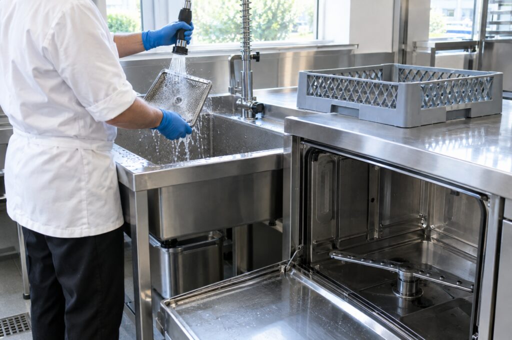 Medewerker spoelt het filter van een horeca vaatwasser schoon naast een geopende voorlader